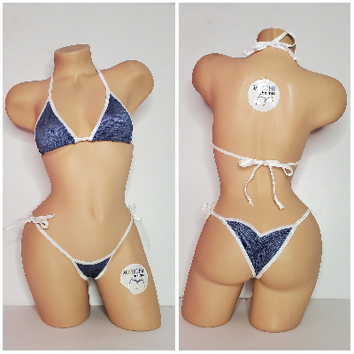 Blue Denim Print w White Trim Color  2 Piece Micro String Bikini Set One Size-6