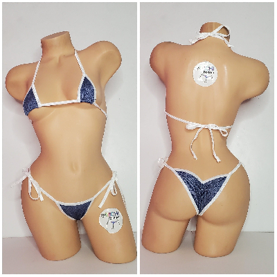 Blue Denim Print w White Trim Color  2 Piece Micro String Bikini Set One Size-7