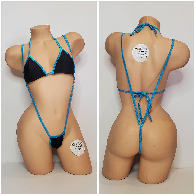 Black with Your Choice Trim Color  2 Piece Micro String Bikini Set One Size-23