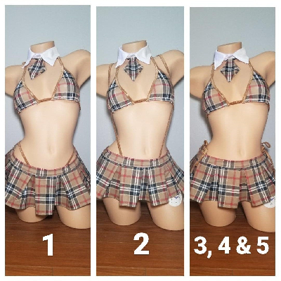 Tan Plaid w/ Tan Trim Sexy School Girl Costume  Pleaded Skirt 5 Piece Set-0