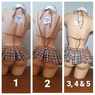 Tan Plaid w/ Tan Trim Sexy School Girl Costume  Pleaded Skirt 5 Piece Set-1