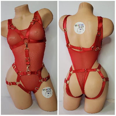 Red Satin Harness Lingerie with Gold Hardware Adjustable 4 Piece Set Desire by Michi Collection-0
