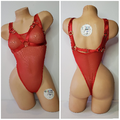 Red Satin Harness Lingerie with Gold Hardware Adjustable 4 Piece Set Desire by Michi Collection-1