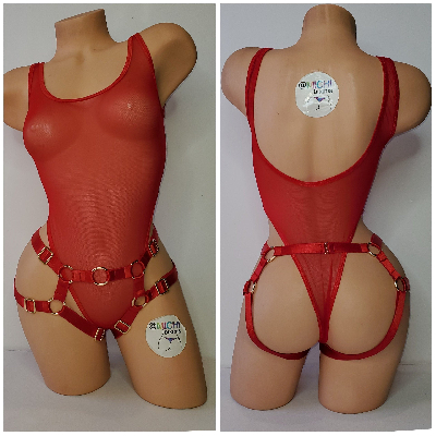 Red Satin Harness Lingerie with Gold Hardware Adjustable 4 Piece Set Desire by Michi Collection-2