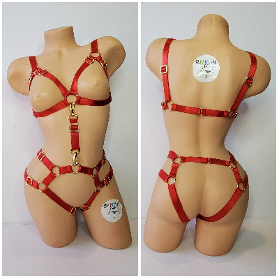 Red Satin Harness Lingerie with Gold Hardware Adjustable 4 Piece Set Desire by Michi Collection-3