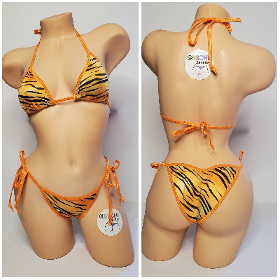 Orange and Black Tiger Stripes w Orange Trim  2 Piece Micro Bikini Set-2