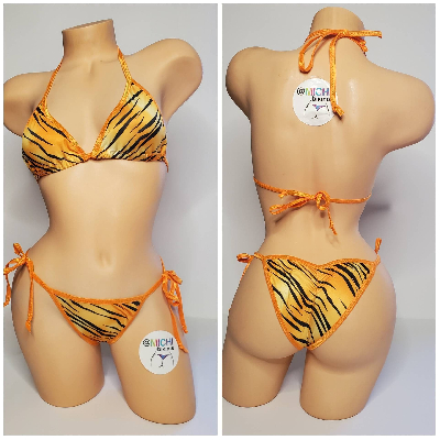 Orange and Black Tiger Stripes w Orange Trim  2 Piece Micro Bikini Set-5