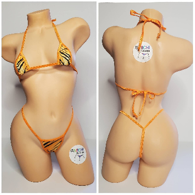 Orange and Black Tiger Stripes w Orange Trim  2 Piece Micro Bikini Set-6