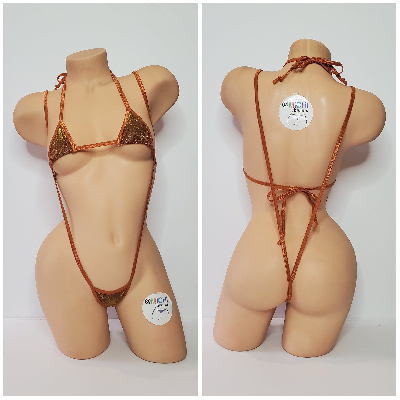 Glittery Bronze w Bronze Trim  2 Piece Micro String Bikini Set One Size-2