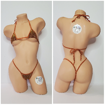 Glittery Bronze w Bronze Trim  2 Piece Micro String Bikini Set One Size-3