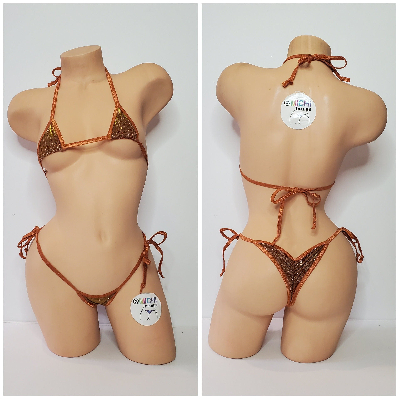 Glittery Bronze w Bronze Trim  2 Piece Micro String Bikini Set One Size-4
