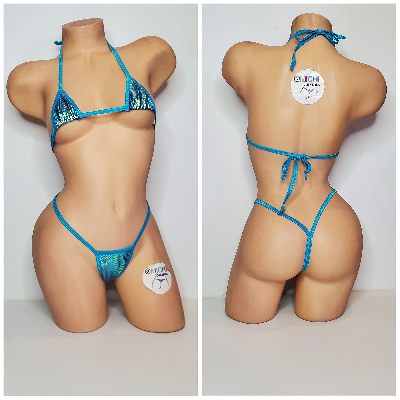 Aqua & Green Tie-Dye Holographic Snake Skin Pattern w/ Aqua Trim 2 Piece Micro String Bikini Set 1 Size-4