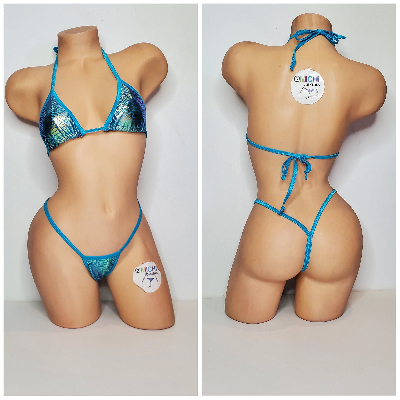 Aqua & Green Tie-Dye Holographic Snake Skin Pattern w/ Aqua Trim 2 Piece Micro String Bikini Set 1 Size-5
