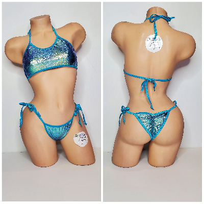 Aqua & Green Tie-Dye Holographic Snake Skin Pattern w/ Aqua Trim 2 Piece Micro String Bikini Set 1 Size-6