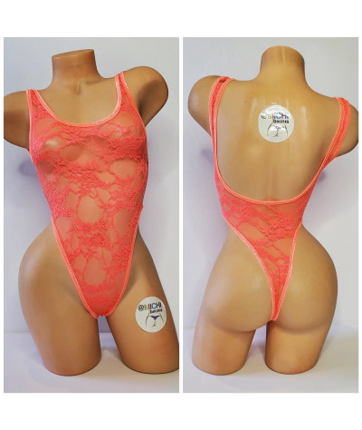 Neon Peach Lace with Neon Peach Trim ***VERY SHEER*** 1 Piece Bodysuit Size SMALL