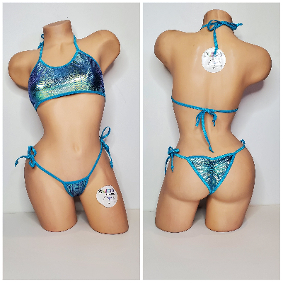 Aqua & Green Tie-Dye Holographic Snake Skin Pattern w/ Aqua Trim 2 Piece Micro String Bikini Set 1 Size-7