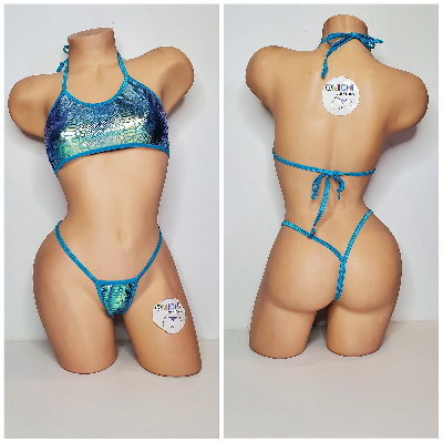 Aqua & Green Tie-Dye Holographic Snake Skin Pattern w/ Aqua Trim 2 Piece Micro String Bikini Set 1 Size-9