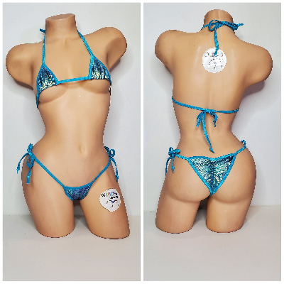 Aqua & Green Tie-Dye Holographic Snake Skin Pattern w/ Aqua Trim 2 Piece Micro String Bikini Set 1 Size-10