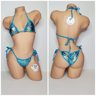Aqua & Green Tie-Dye Holographic Snake Skin Pattern w/ Aqua Trim 2 Piece Micro String Bikini Set 1 Size-11