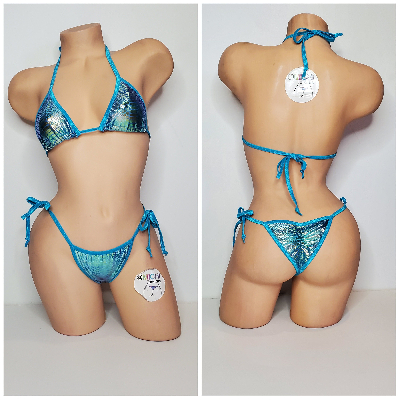 Aqua & Green Tie-Dye Holographic Snake Skin Pattern w/ Aqua Trim 2 Piece Micro String Bikini Set 1 Size-12