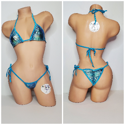 Aqua & Green Tie-Dye Holographic Snake Skin Pattern w/ Aqua Trim 2 Piece Micro String Bikini Set 1 Size-13