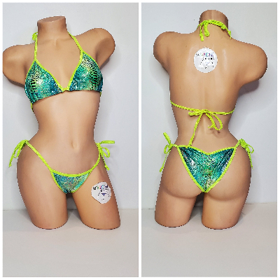 Neon Green & Green Tie-Dye Holo Snake Skin Pattern w Neon Green Trim 2pc Bikini Set 1 Size-0