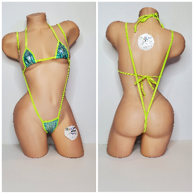 Neon Green & Green Tie-Dye Holo Snake Skin Pattern w Neon Green Trim 2pc Bikini Set 1 Size-2