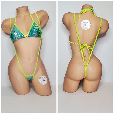 Neon Green & Green Tie-Dye Holo Snake Skin Pattern w Neon Green Trim 2pc Bikini Set 1 Size-3