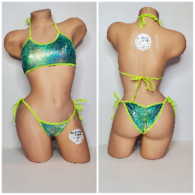 Neon Green & Green Tie-Dye Holo Snake Skin Pattern w Neon Green Trim 2pc Bikini Set 1 Size-4