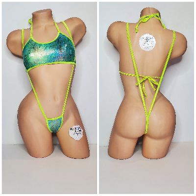 Neon Green & Green Tie-Dye Holo Snake Skin Pattern w Neon Green Trim 2pc Bikini Set 1 Size-5