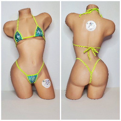 Neon Green & Green Tie-Dye Holo Snake Skin Pattern w Neon Green Trim 2pc Bikini Set 1 Size-7