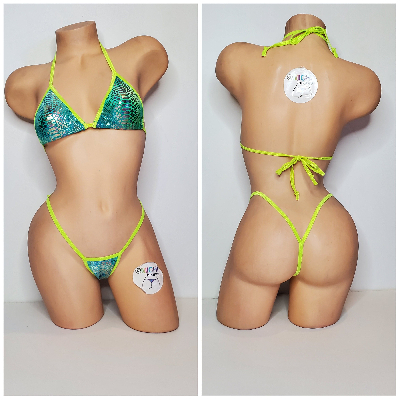 Neon Green & Green Tie-Dye Holo Snake Skin Pattern w Neon Green Trim 2pc Bikini Set 1 Size-8