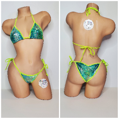 Neon Green & Green Tie-Dye Holo Snake Skin Pattern w Neon Green Trim 2pc Bikini Set 1 Size-9