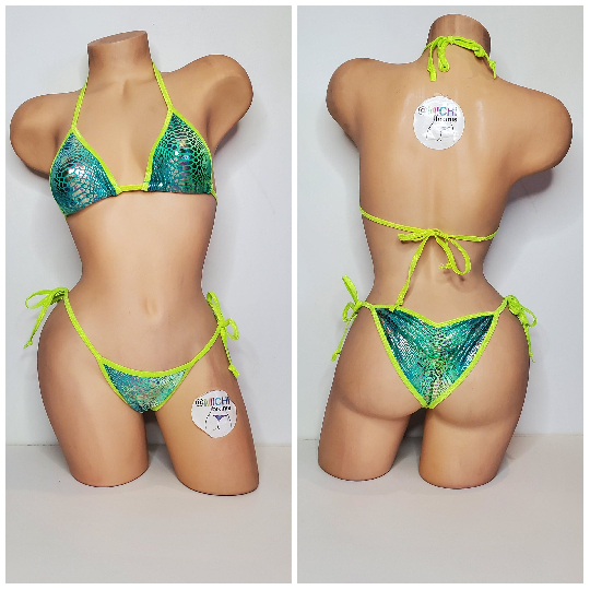 Neon Green & Green Tie-Dye Holo Snake Skin Pattern w Neon Green Trim 2pc Bikini Set 1 Size-9