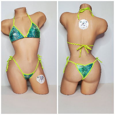 Neon Green & Green Tie-Dye Holo Snake Skin Pattern w Neon Green Trim 2pc Bikini Set 1 Size-10