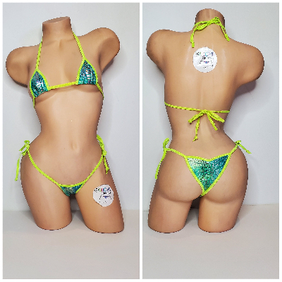 Neon Green & Green Tie-Dye Holo Snake Skin Pattern w Neon Green Trim 2pc Bikini Set 1 Size-11