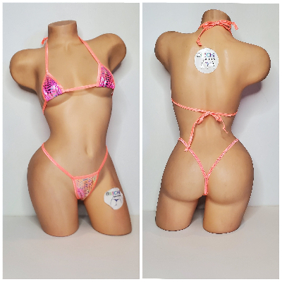 Pink & Yellow Tie-Dye Holographic Snake Skin Pattern w Neon Peach Trim  2 Piece Micro String Bikini Set 1 Size-2