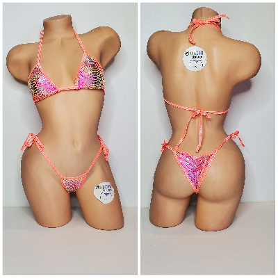 Pink & Yellow Tie-Dye Holographic Snake Skin Pattern w Neon Peach Trim  2 Piece Micro String Bikini Set 1 Size-5