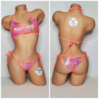 Pink & Yellow Tie-Dye Holographic Snake Skin Pattern w Neon Peach Trim  2 Piece Micro String Bikini Set 1 Size-7