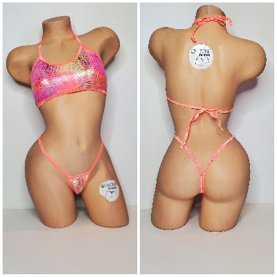 Pink & Yellow Tie-Dye Holographic Snake Skin Pattern w Neon Peach Trim  2 Piece Micro String Bikini Set 1 Size-8