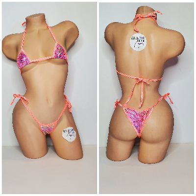 Pink & Yellow Tie-Dye Holographic Snake Skin Pattern w Neon Peach Trim  2 Piece Micro String Bikini Set 1 Size-9