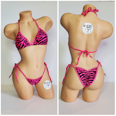 Hot Pink w/ Black Zebra Stripes Print  Your Choice Trim Color 2pc Micro String Bikini Set One Size-0