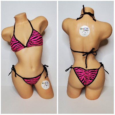Hot Pink w/ Black Zebra Stripes Print  Your Choice Trim Color 2pc Micro String Bikini Set One Size-1