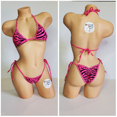 Hot Pink w/ Black Zebra Stripes Print  Your Choice Trim Color 2pc Micro String Bikini Set One Size-3