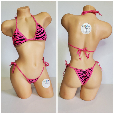 Hot Pink w/ Black Zebra Stripes Print  Your Choice Trim Color 2pc Micro String Bikini Set One Size-4