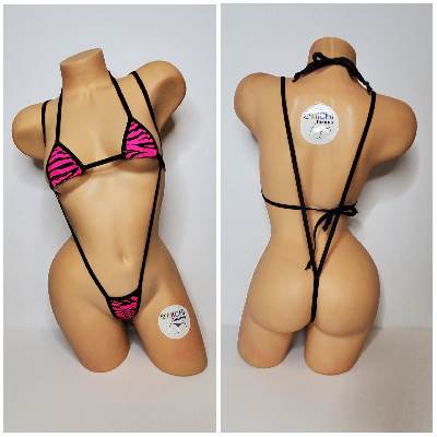 Hot Pink w/ Black Zebra Stripes Print  Your Choice Trim Color 2pc Micro String Bikini Set One Size-10