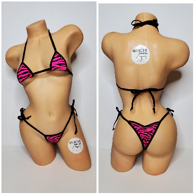 Hot Pink w/ Black Zebra Stripes Print  Your Choice Trim Color 2pc Micro String Bikini Set One Size-12