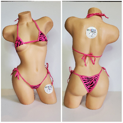 Hot Pink w/ Black Zebra Stripes Print  Your Choice Trim Color 2pc Micro String Bikini Set One Size-13