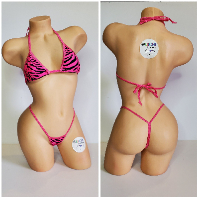 Hot Pink w/ Black Zebra Stripes Print  Your Choice Trim Color 2pc Micro String Bikini Set One Size-15