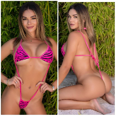 Hot Pink w/ Black Zebra Stripes Print  Your Choice Trim Color 2pc Micro String Bikini Set One Size-19